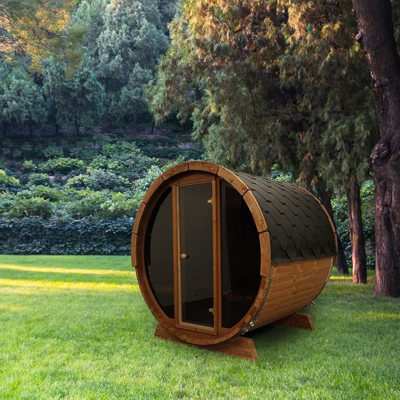 SaunaLife Model E7W 4-Person Outdoor Barrel Sauna Lifestyle