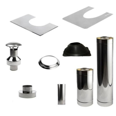 This set includes a single-wall 0.25m pipe, welded chimney base, double-wall 0.5-meter chimney, cover plate in two parts for the ceiling