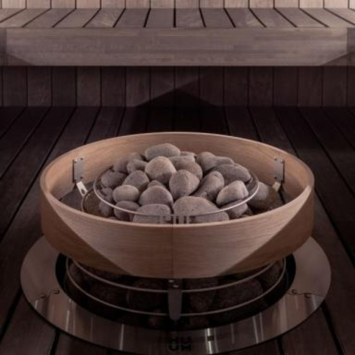 The safety railing consists of light-colored wooden arcs and stainless steel