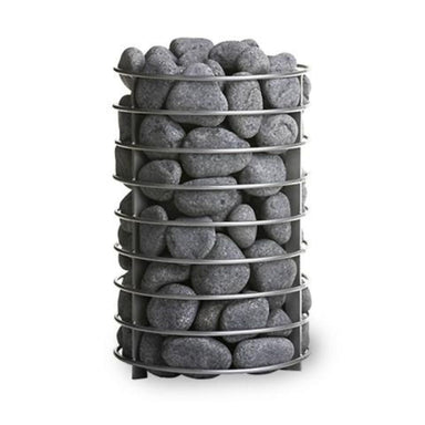 The stone cage is mounted straight on the stove around the flue and filled with up to 88lbs of sauna stones