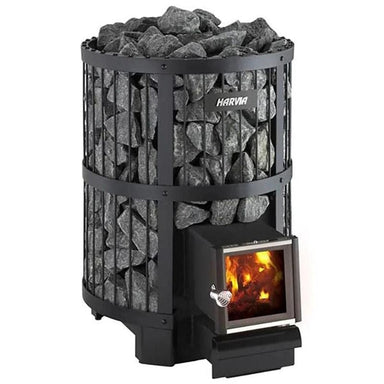 The Harvia 150 SL wood sauna stove is placed in the sauna and the firewood is inserted into the fire chamber from the other side of the wall.