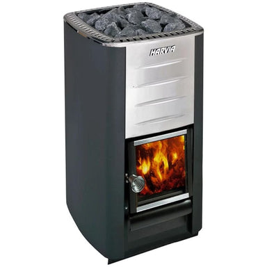 The Harvia M3 stove features a glass door, enabling the glowing fire for a traditional sauna ambience.