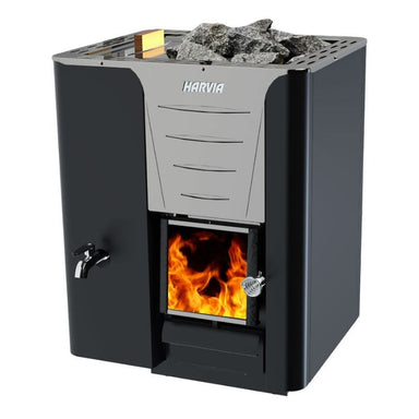 Harvia PRO 20 LS wood-burning sauna stove has a 30 liter fixed water tank on the left side of the heater.
