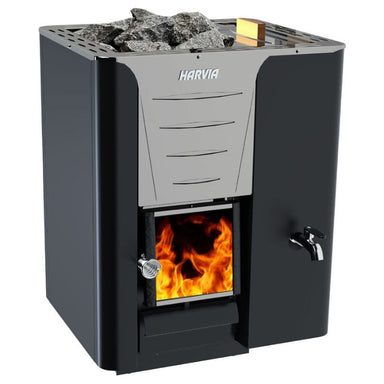 the Harvia PRO 20 RS wood-burning sauna stove has a 30 liter fixed water tank on the right side of the heater.
