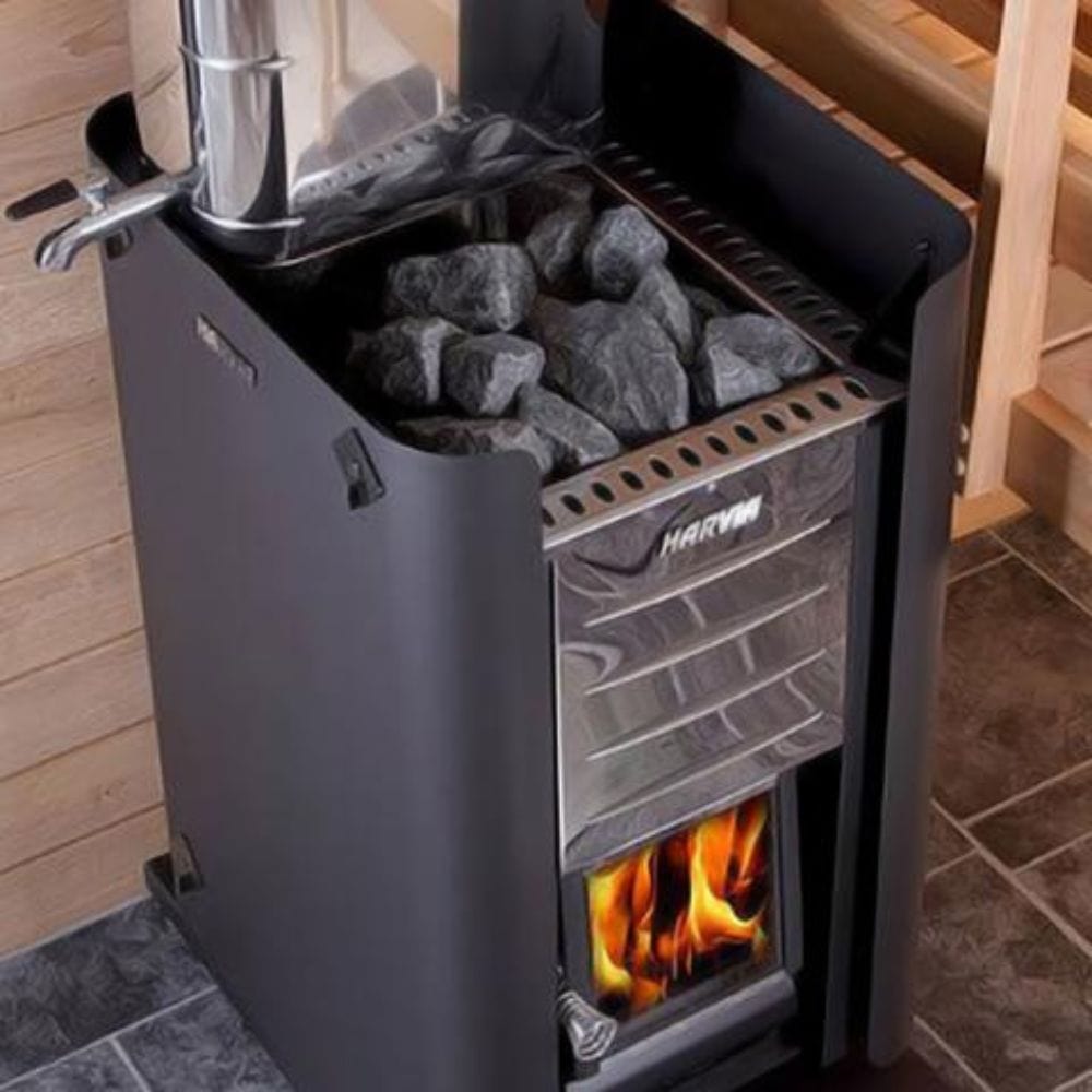 The protective sheath attaches to the wood-burning heater and conforms to its shape for a sleek finish.