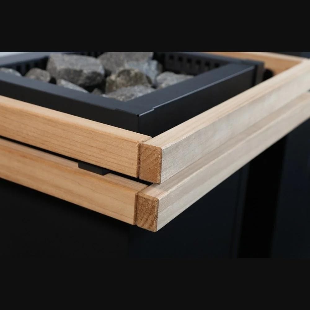 The wood design brings a touch of softness to the black steel exterior of the heater.