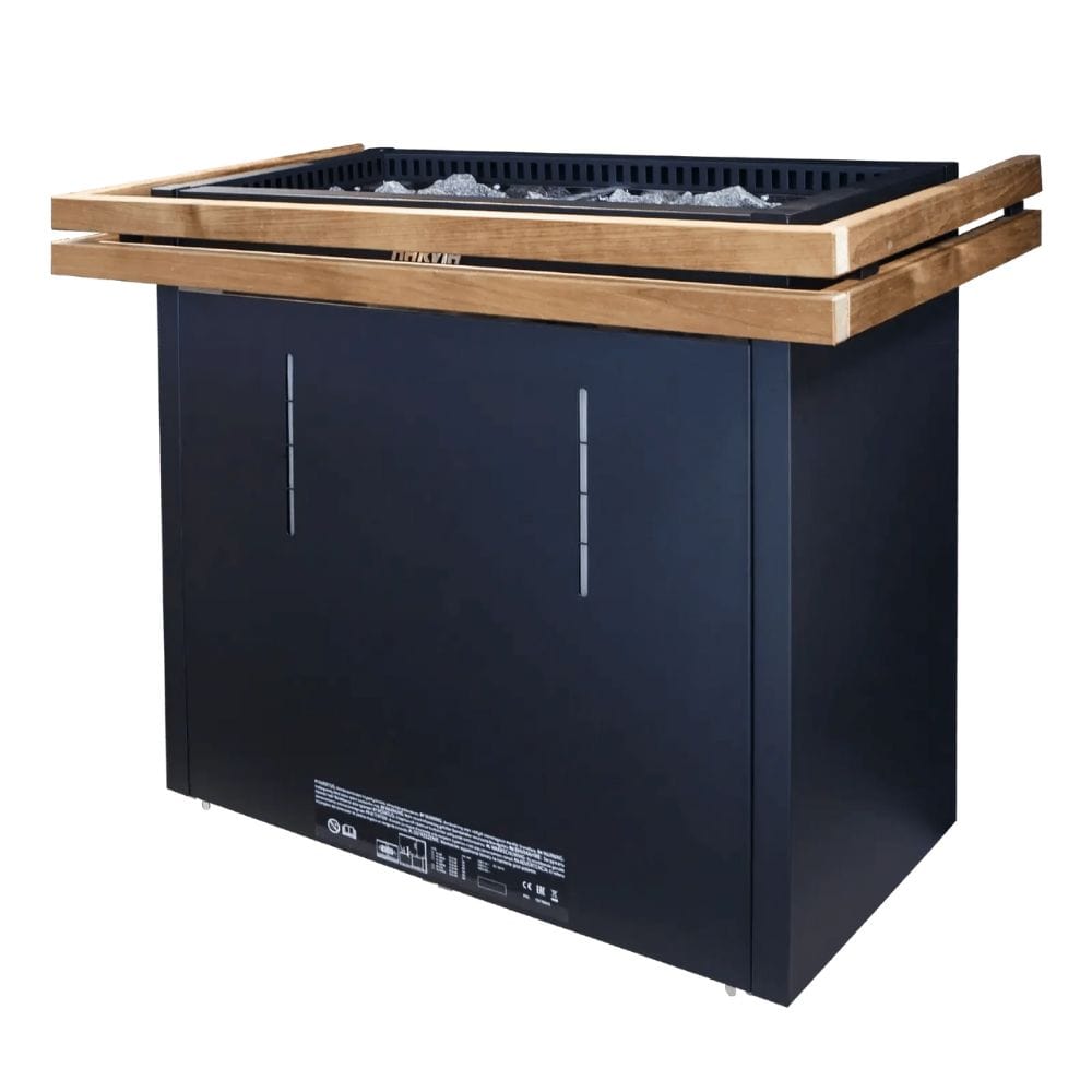 The wood design brings a touch of refinement to the black steel exterior of the heater.