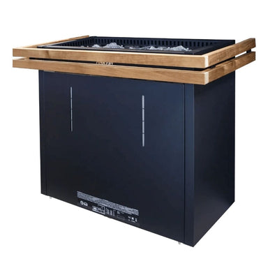 The wood design brings a touch of refinement to the black steel exterior of the heater.