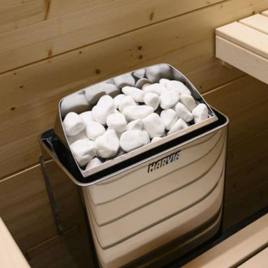 The white sauna stones provide a softer, cleaner look to upgrade your sauna atmosphere. The Harvia AC4000 sauna stones are only to be used as a top layer above traditional stones, with a one box maximum per heater.