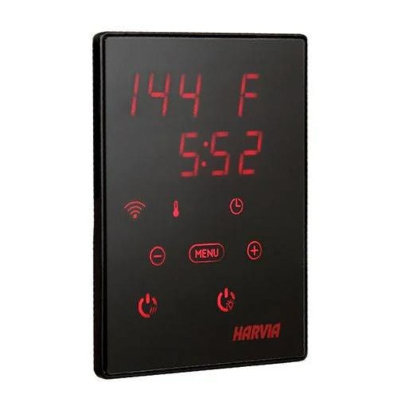 Harvia Xenio is a sauna control unit with a touch control panel.