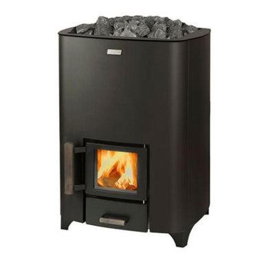 The Narvi NC 24 Black Sauna Stove has a comfortable wooden handle.