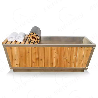 Made with durable wooden and stainless steel materials, this built-in ice bath tub is perfect for outdoor use. 