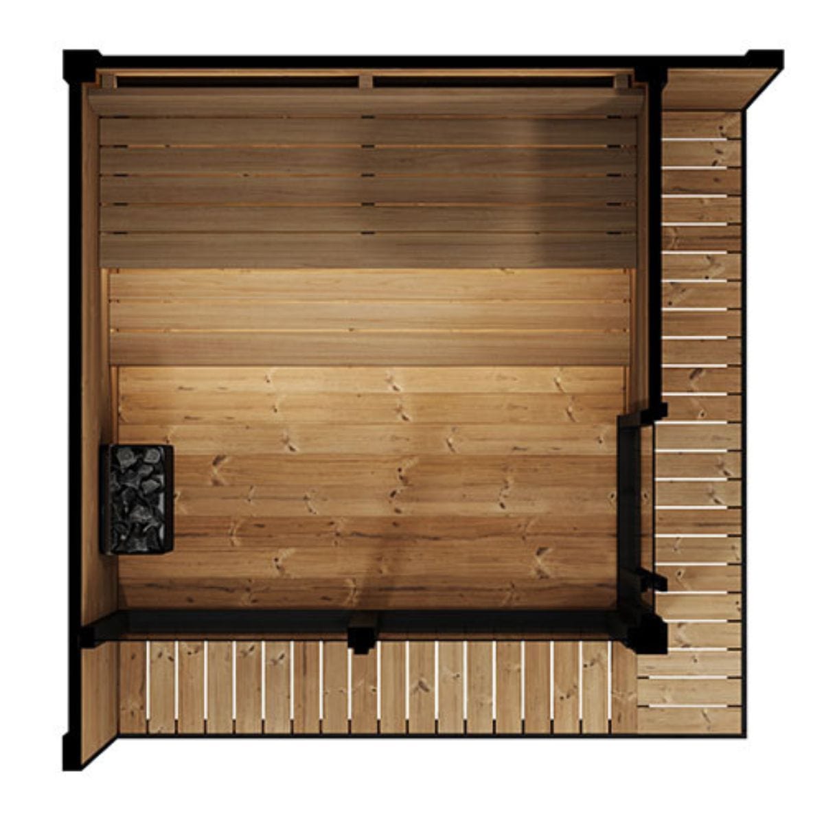 The front of the sauna boasts a full height, tempered bronze glass window and door for unobstructed views
