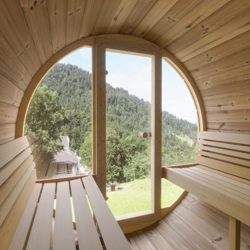 The panoramic view from the inside of SaunaLife E8G Barrel Sauna