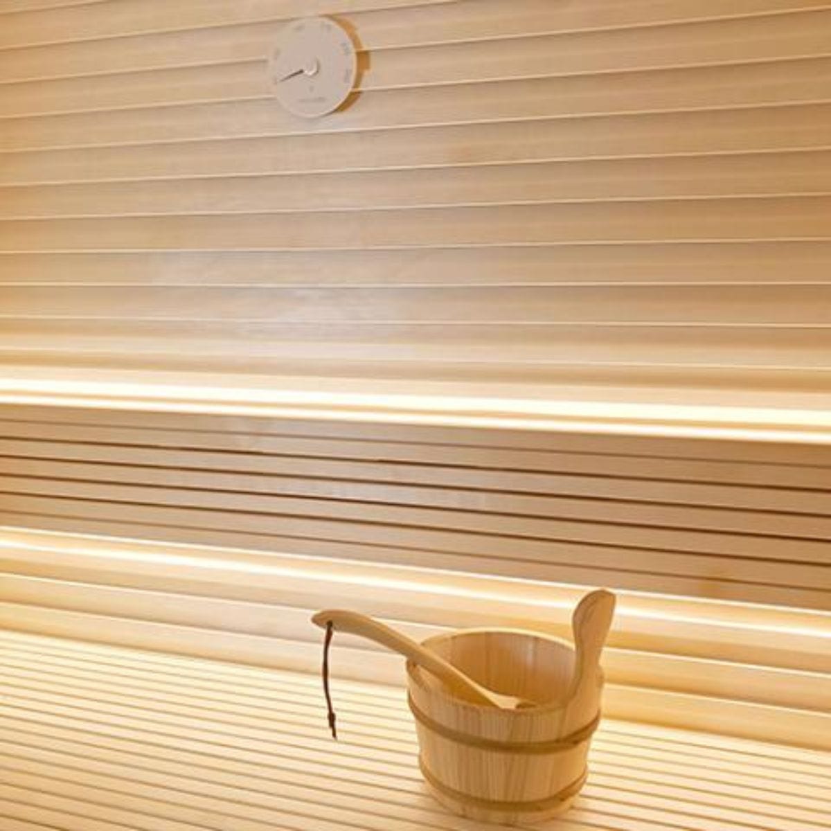 a wooden bucket, a ladle, and a thermometer