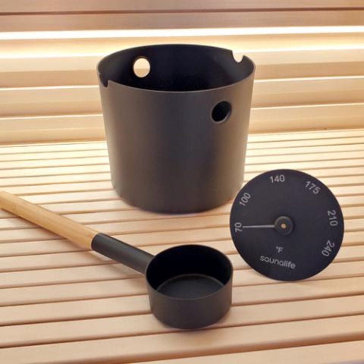 Featuring the SaunaLife Aluminum 1-Gallon Sauna Bucket Set with Wood Ladle and Thermometer