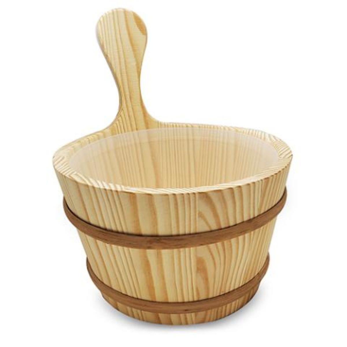 Designed to complement the rustic charm of your sauna, this package features a wooden 1-gallon lined sauna bucket crafted in Finland with a pine shell and plastic tub insert.
