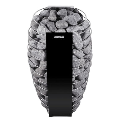 The elegantly curved shape of the Harvia 8kW Spirit Sauna Heater exudes an organic design aesthetic, accentuated by the round sauna stones.