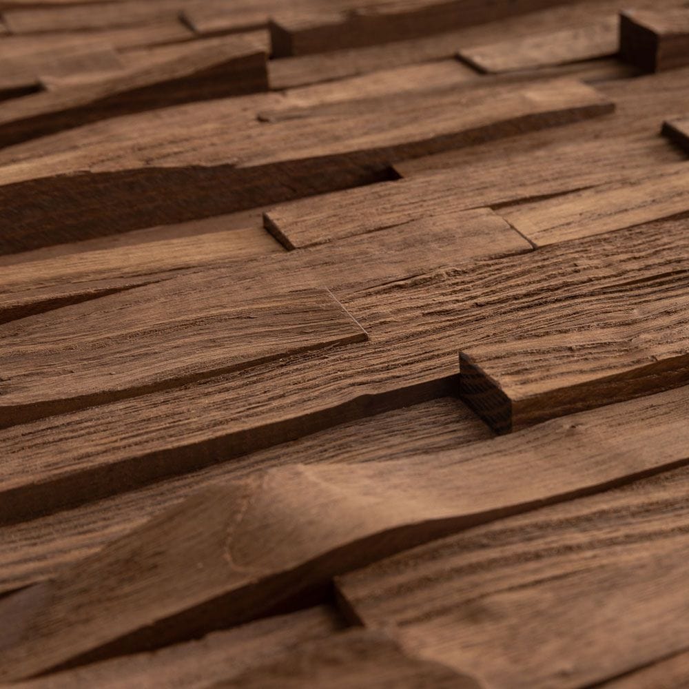 The EmotionWalls Trail 23 is a 3D asymmetrical design. Split by axe with edge cuts and splintered surfaces. Proven to be popular as a screen or chimney background.