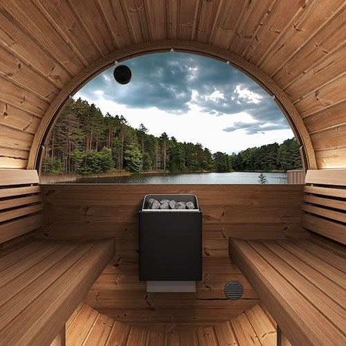 Your amazing panoramic view from the inside of SaunaLife Model EE6G Barrel Sauna