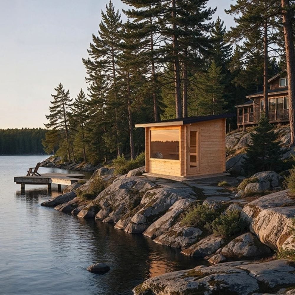 A small wooden cabin with large windows sits on a rocky lakeshore beside calm water, surrounded by tall evergreen trees at sunset.