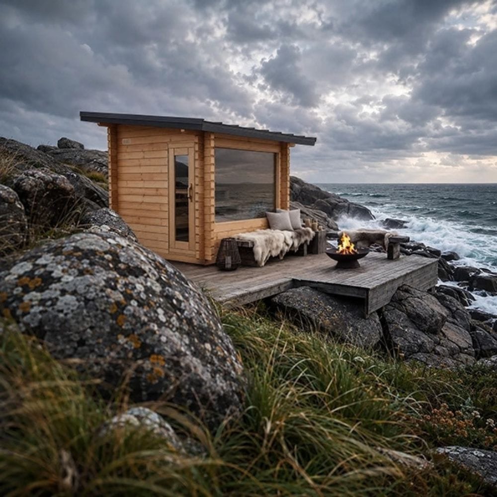 A small wooden cabin with large windows sits on a rocky seaside platform under a dramatic cloudy sky. A fire burns in a black fire pit, and the ocean waves crash nearby.
