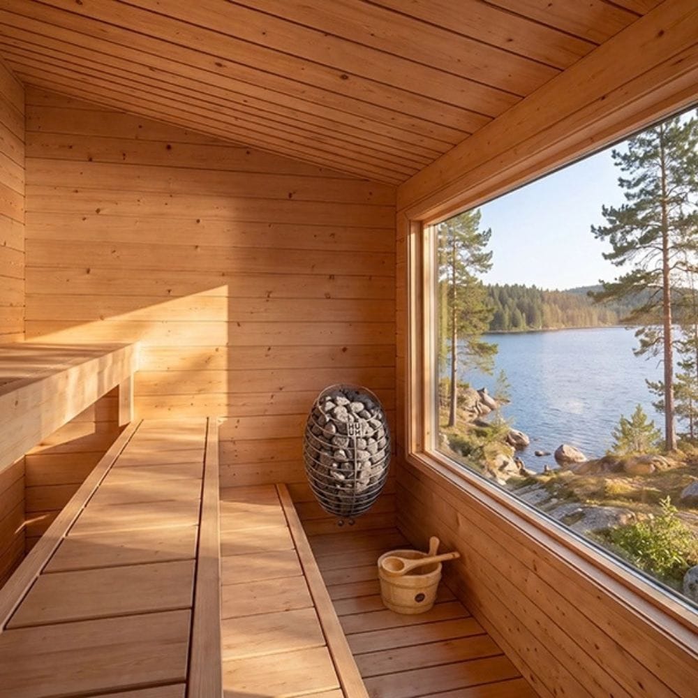 A cozy wooden sauna interior with tiered seating, a hanging stone sauna basket, and a small wooden bucket, all set against a large window overlooking a scenic lake and forest.