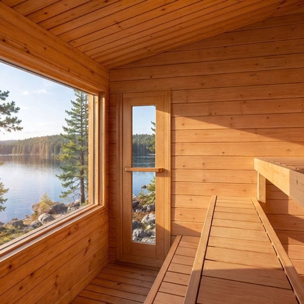 A wooden cabin interior with a large window overlooking a lake and forest, featuring a glass door and built-in wooden benches.
