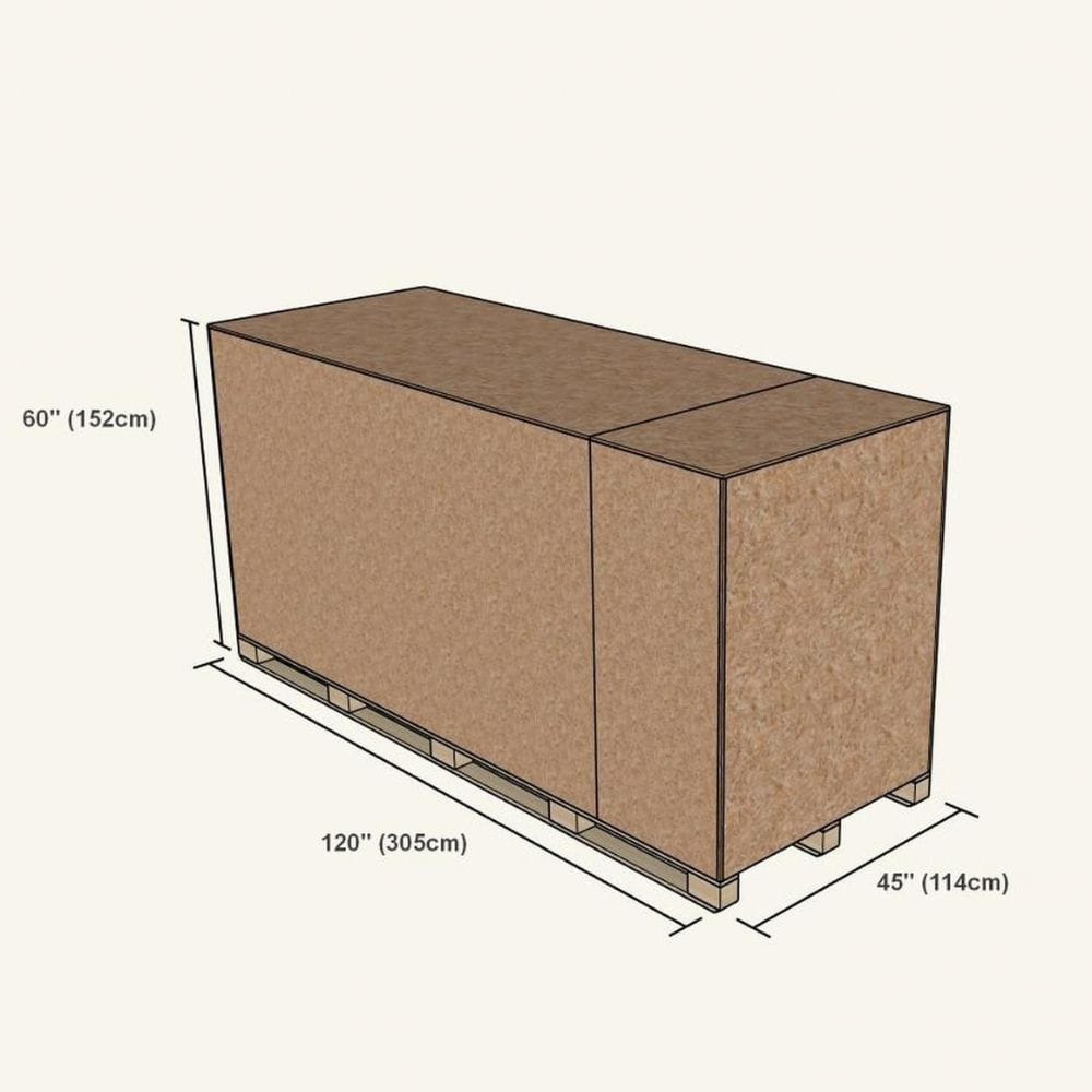 A dimensional diagram of a large brown cardboard shipping pallet box on a light beige background, showing measurements of 60 inches (152 cm) in height, 120 inches (305 cm) in length, and 45 inches (114 cm) in width.