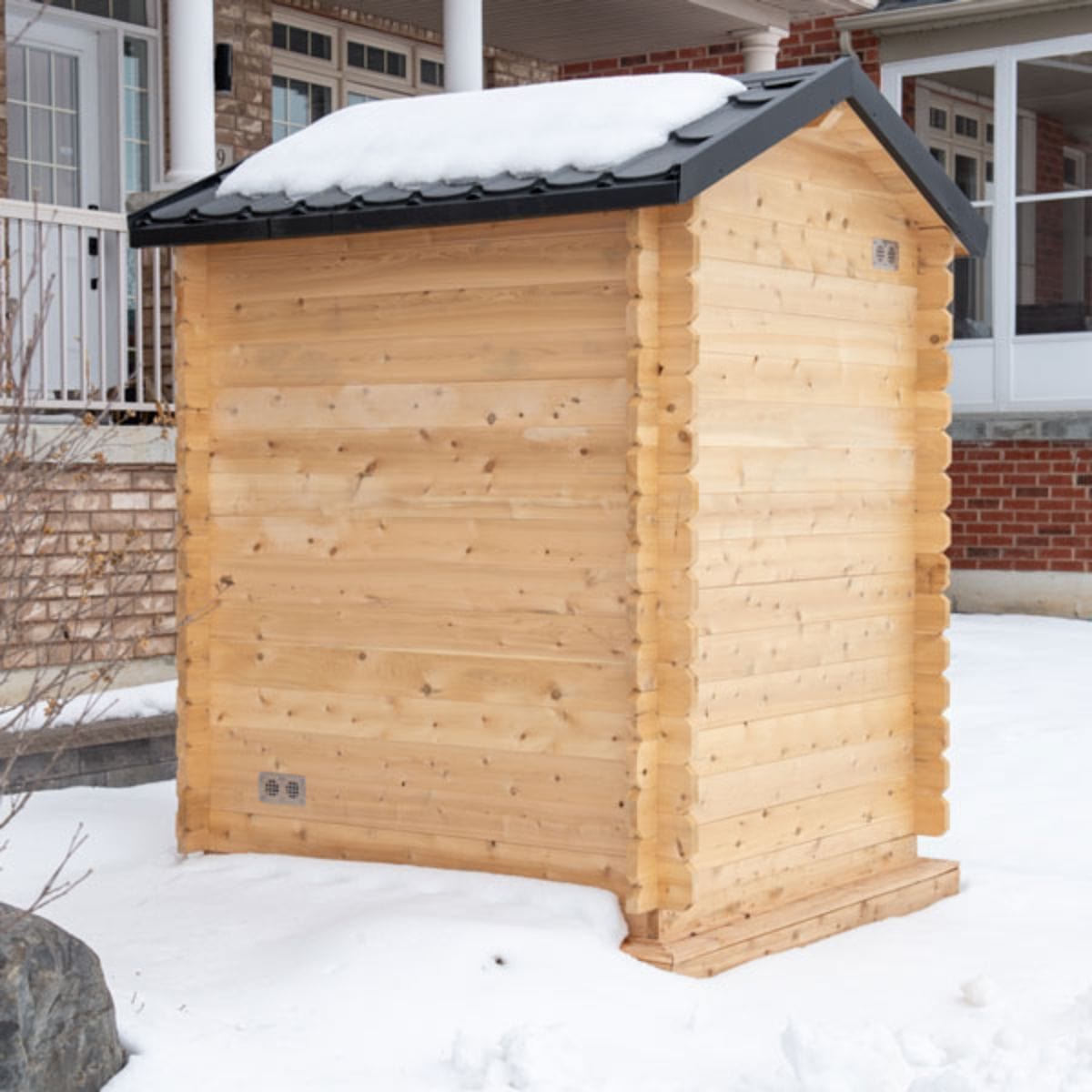 The 1.5" (35mm) thick walls and roof boards make this 6'x6' (182cm) sauna easy and efficient to heat up and will fit 2 or 3 people comfortably.