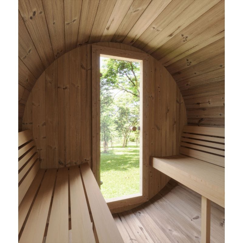 SaunaLife Model E7W 4-Person Half-Moon Panoramic Outdoor Barrel Sauna