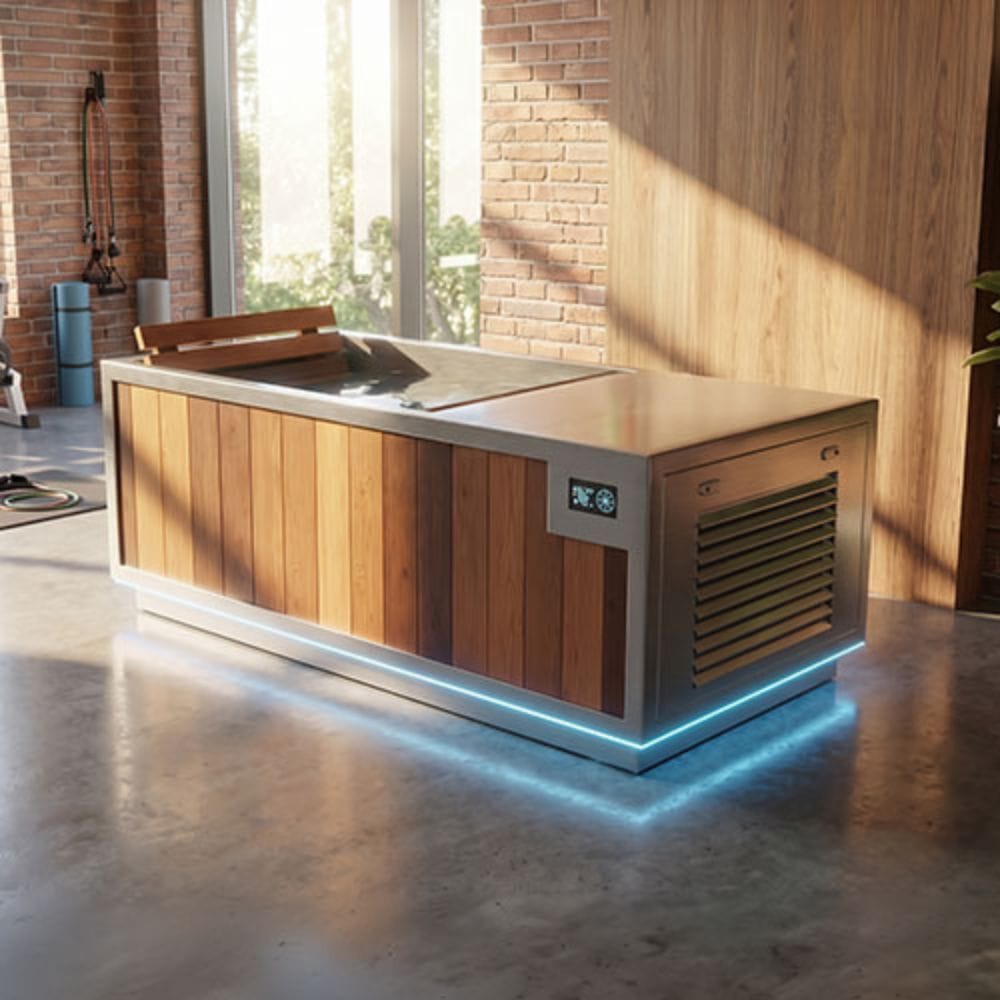 A modern outdoor plunge tub with a wood-paneled front, stainless steel top and trim, and integrated blue LED under-glow lighting, shown in a rustic indoor-outdoor space with brick and wood walls.