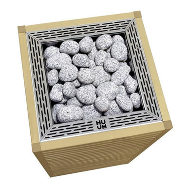 Decorative stone box with pebbles inside on a white background