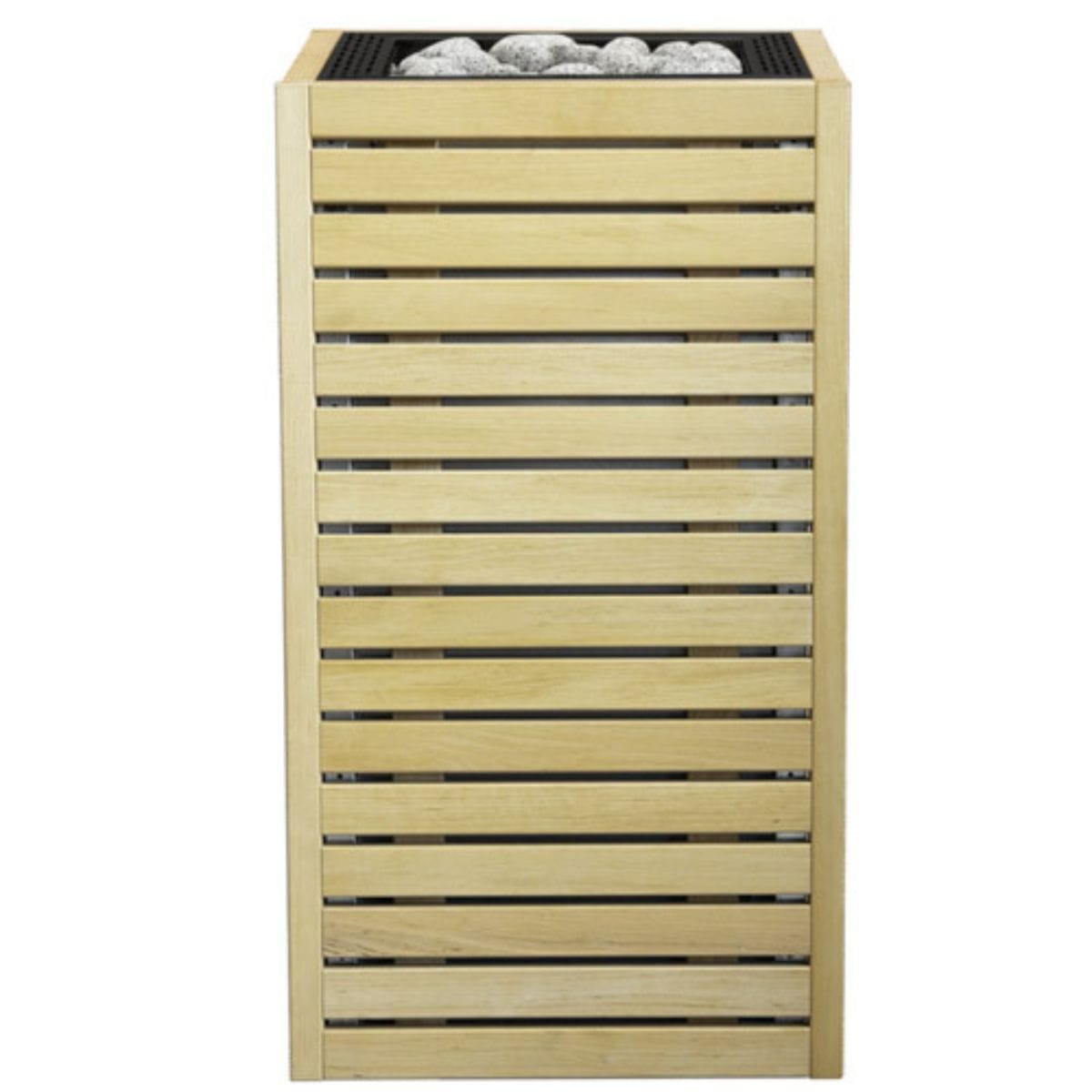 Wooden planter box with slatted design on a white background