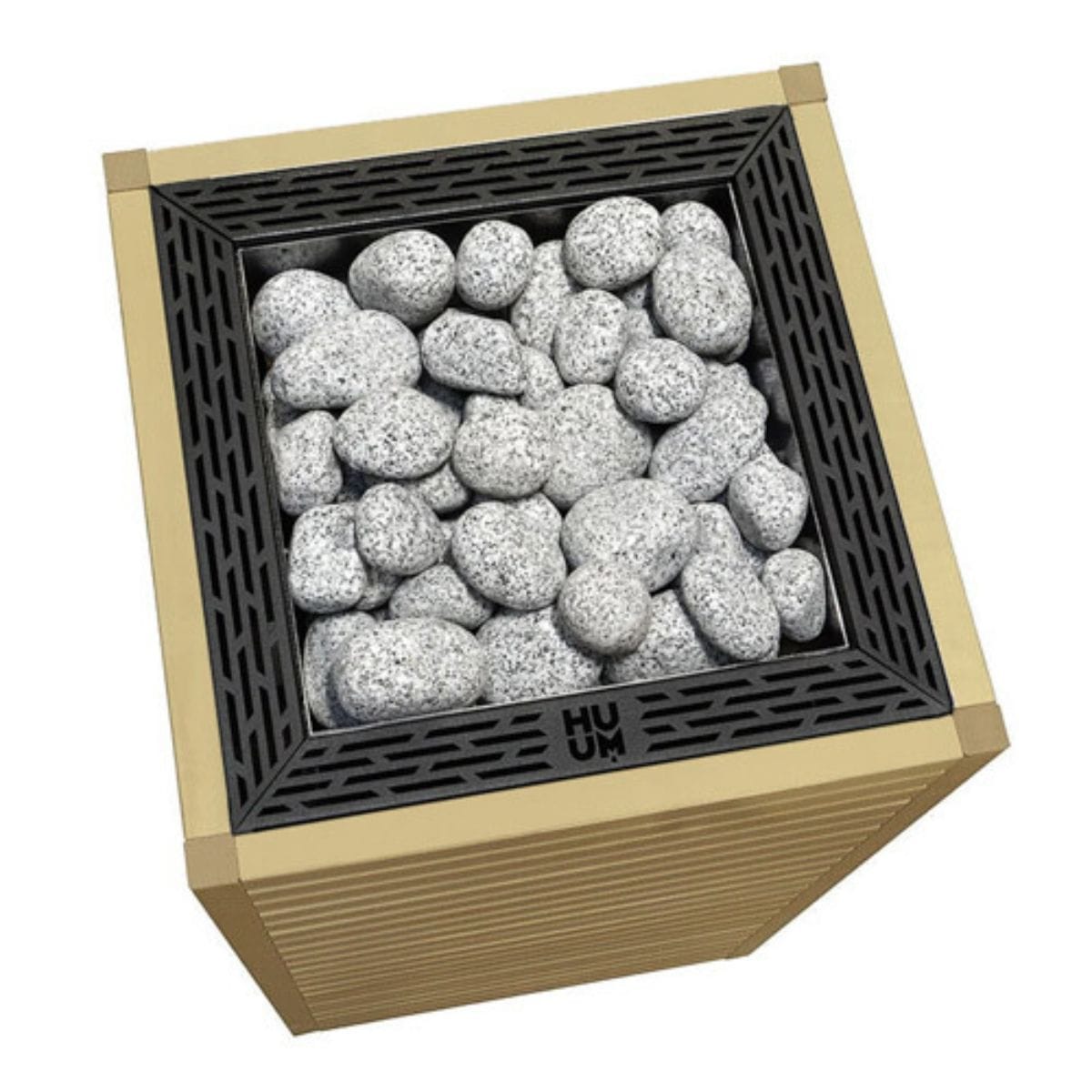 Decorative stone container with pebbles inside on a white background