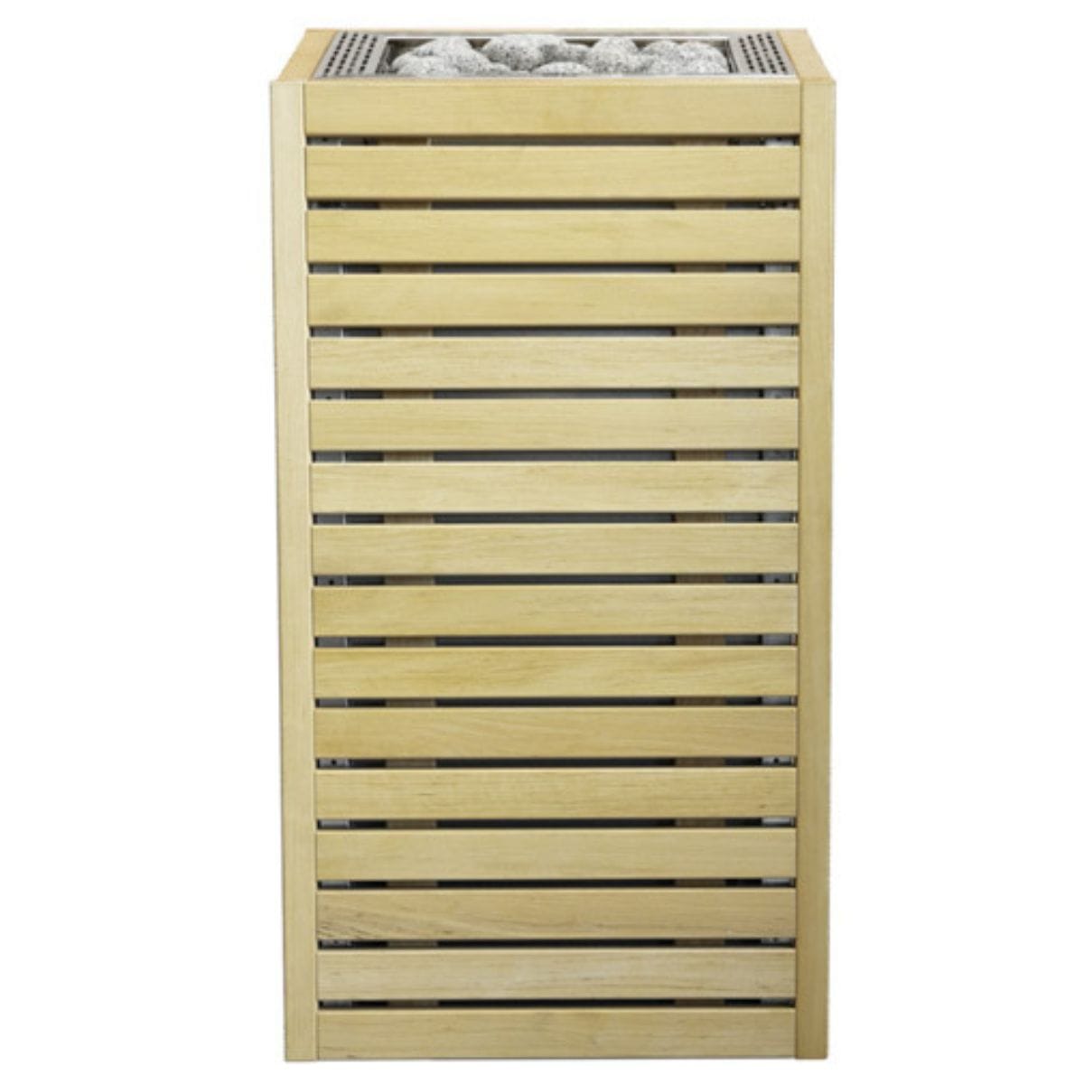 Wooden planter box with slatted design on a white background