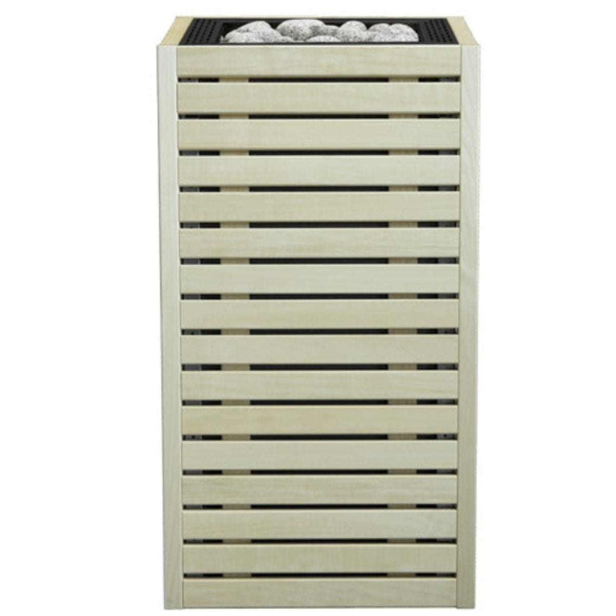 Tall rectangular planter with horizontal slats on a white background
