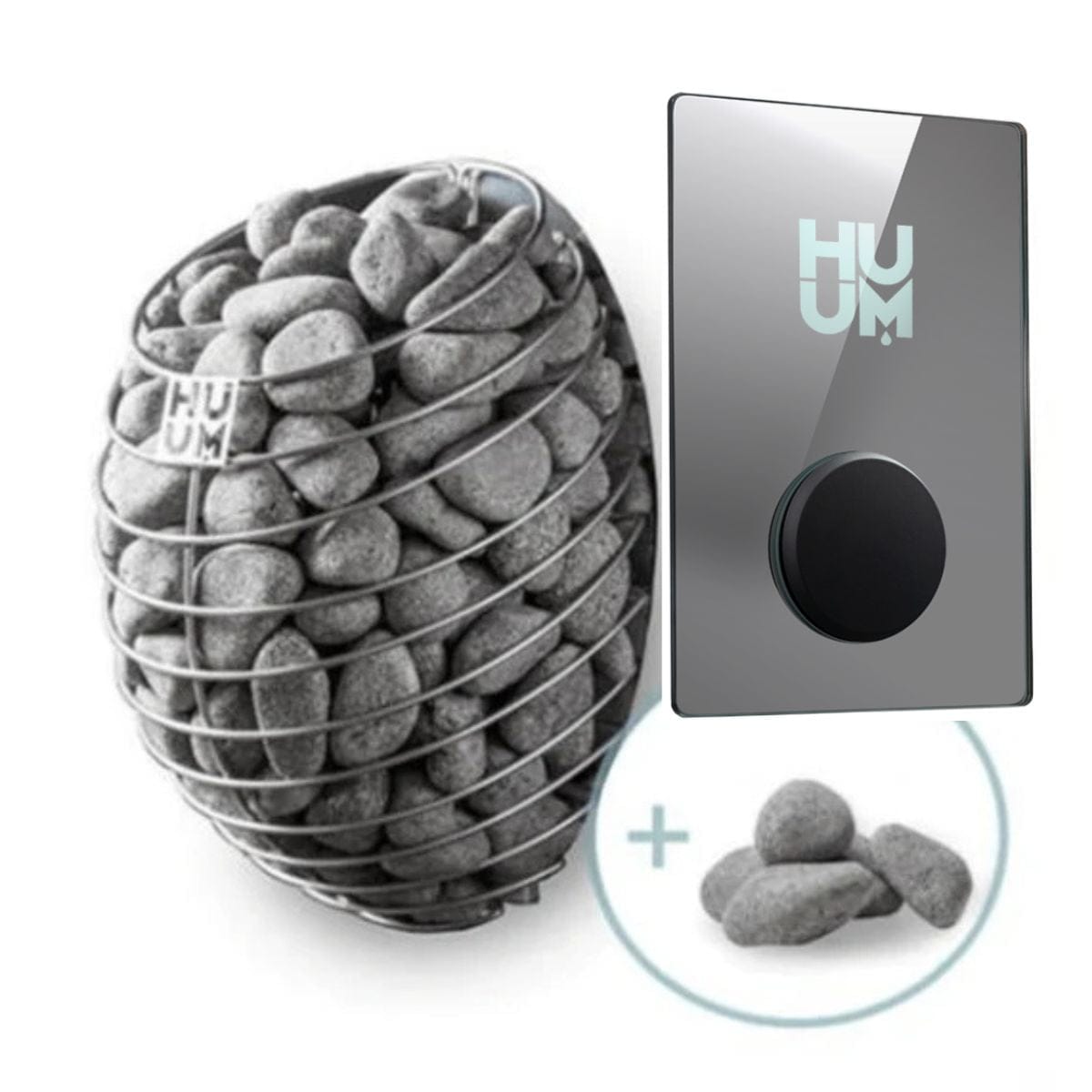 HUUM product with pebbles and control device on a white background
