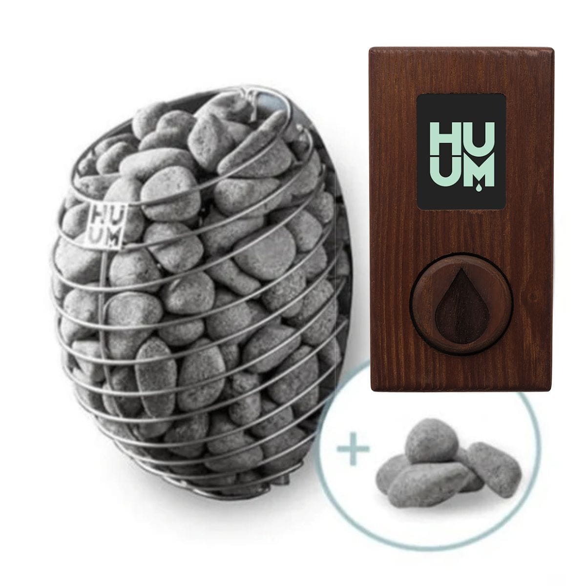 HUUM product with pebbles and wooden device on a white background