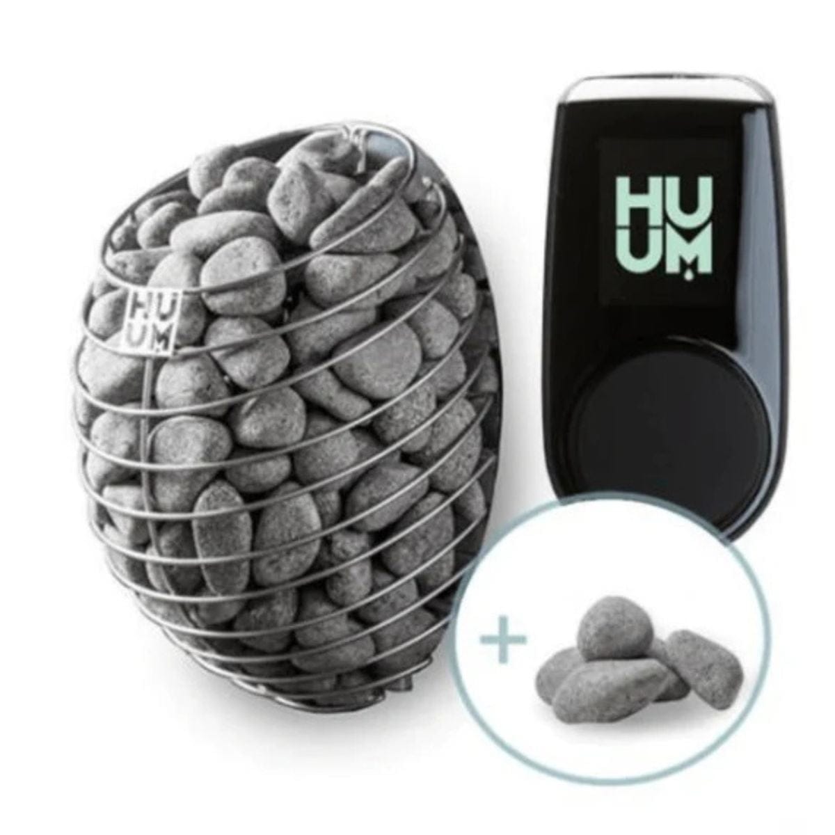 HUUM smoking device with pebble-like stones and a black device with 'HUUM' branding on a white background.