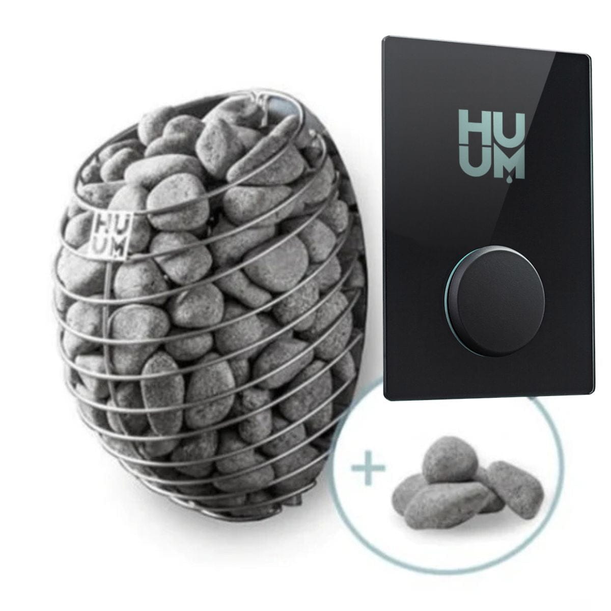 HUUM product with stones and black device on a white background