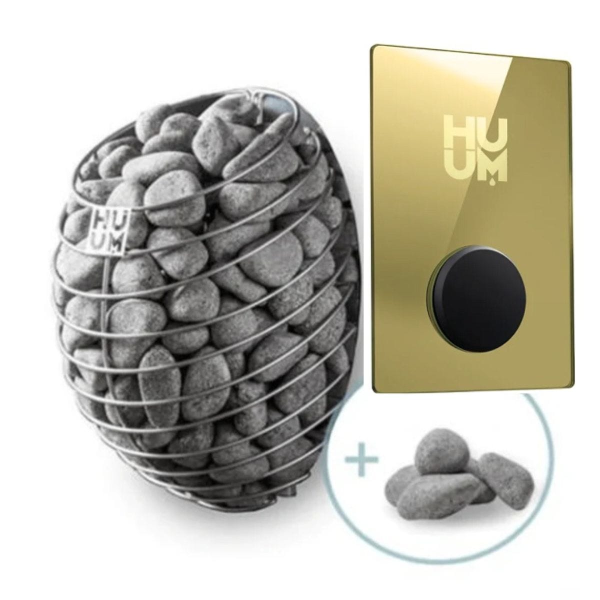 HUUM product with stones and gold device on a white background