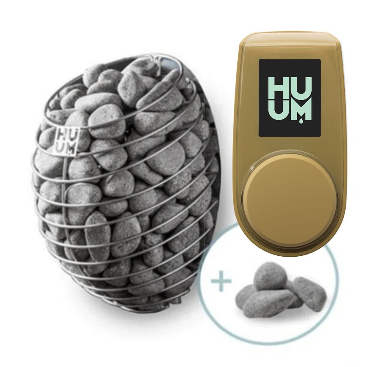 HUUM product with stones and a digital display on a white background