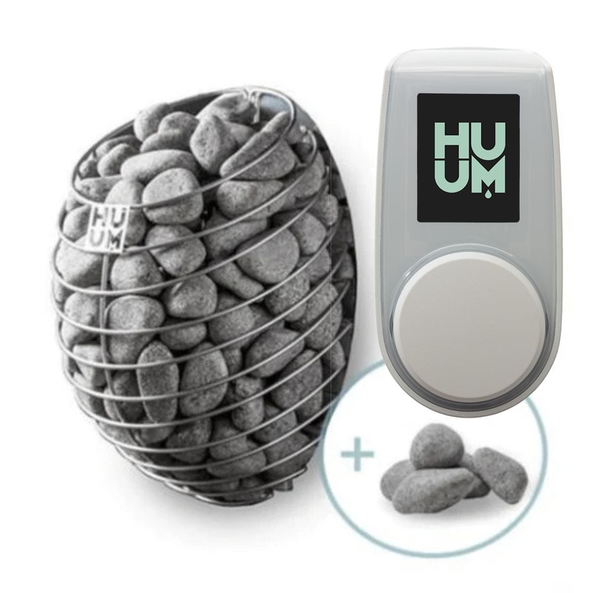 HUUM product with stones and digital display on a white background
