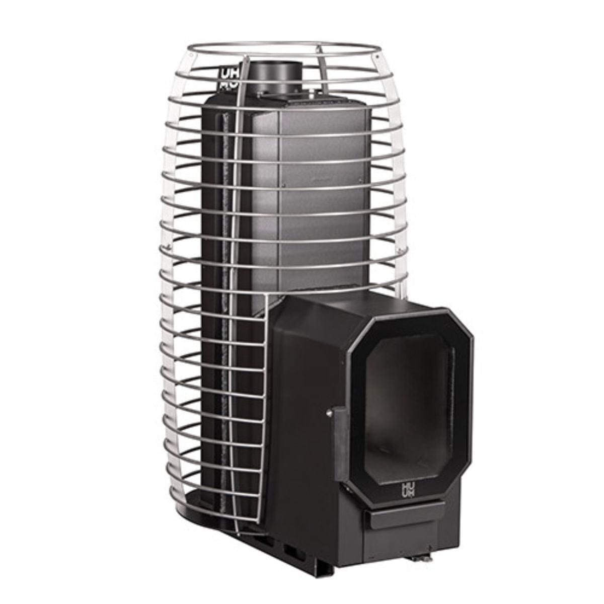 Black outdoor heater with wire cage on a white background