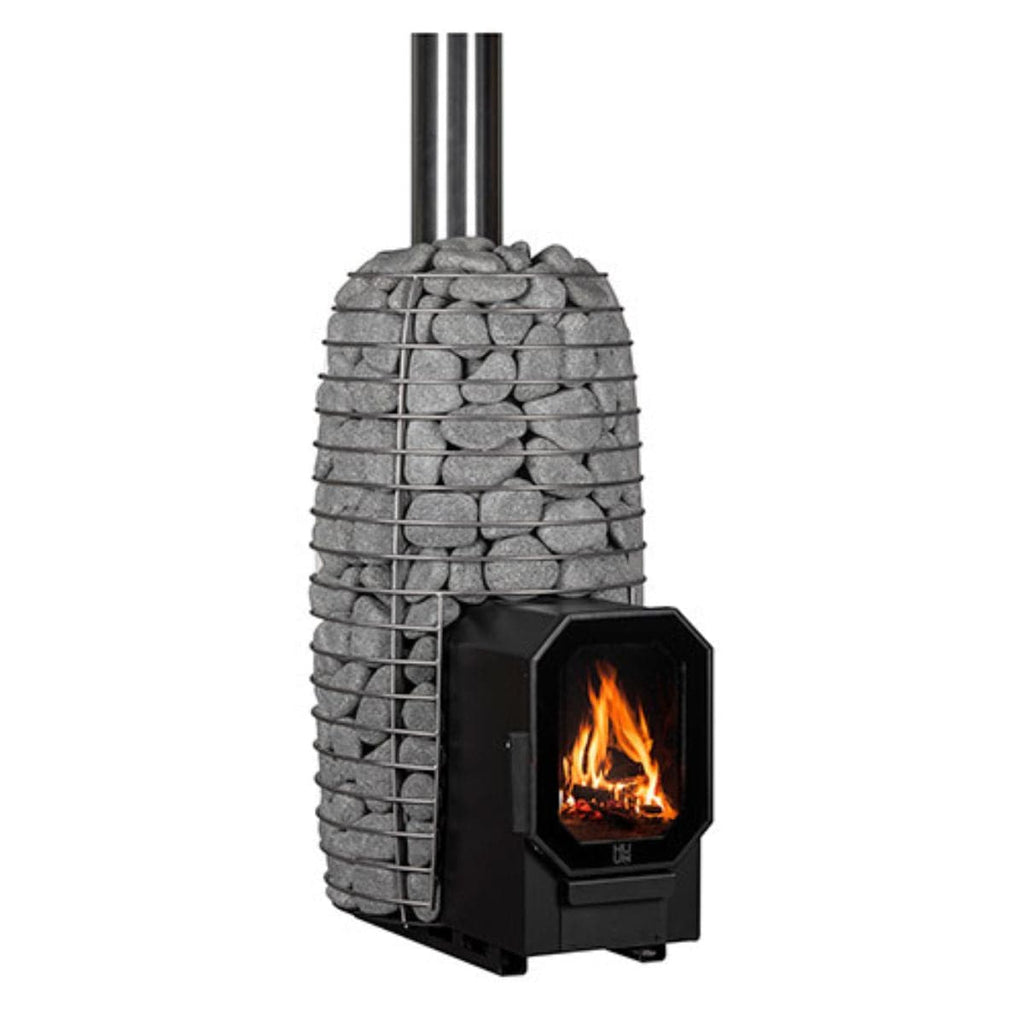 Stacked stone wood stove with visible fire on a white background