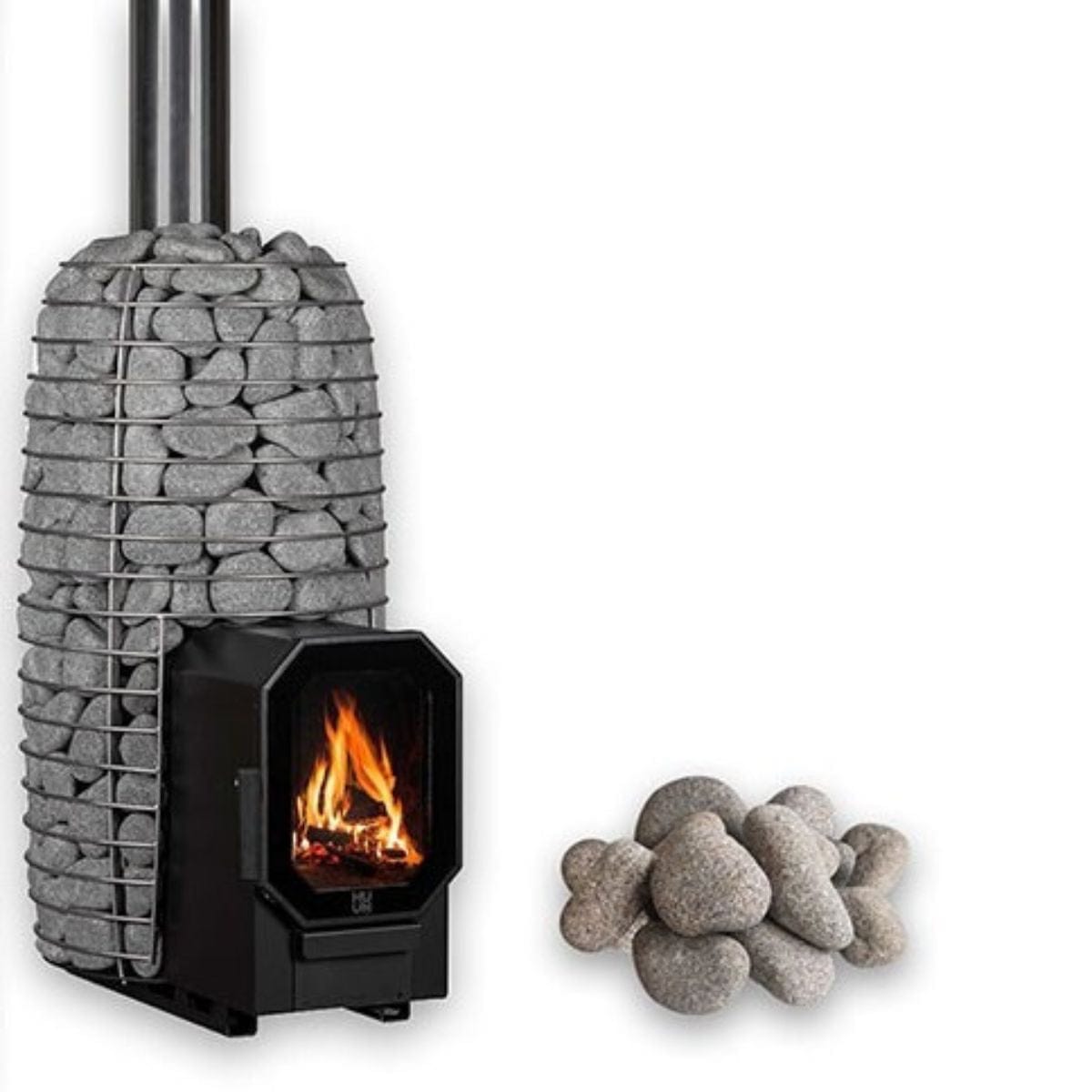 Stylized fireplace with stone design and burning fire, accompanied by decorative stones on a white background.