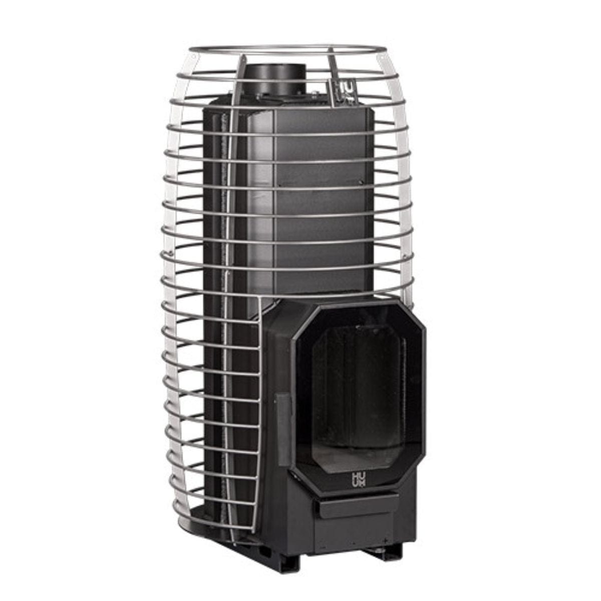 Black outdoor heater with metal cage on a white background