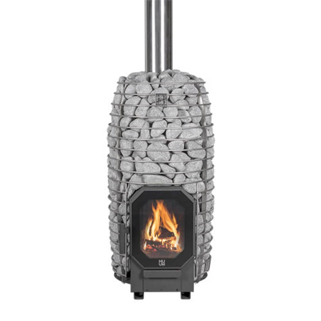 Decorative stone-encased fireplace with visible fire on a white background