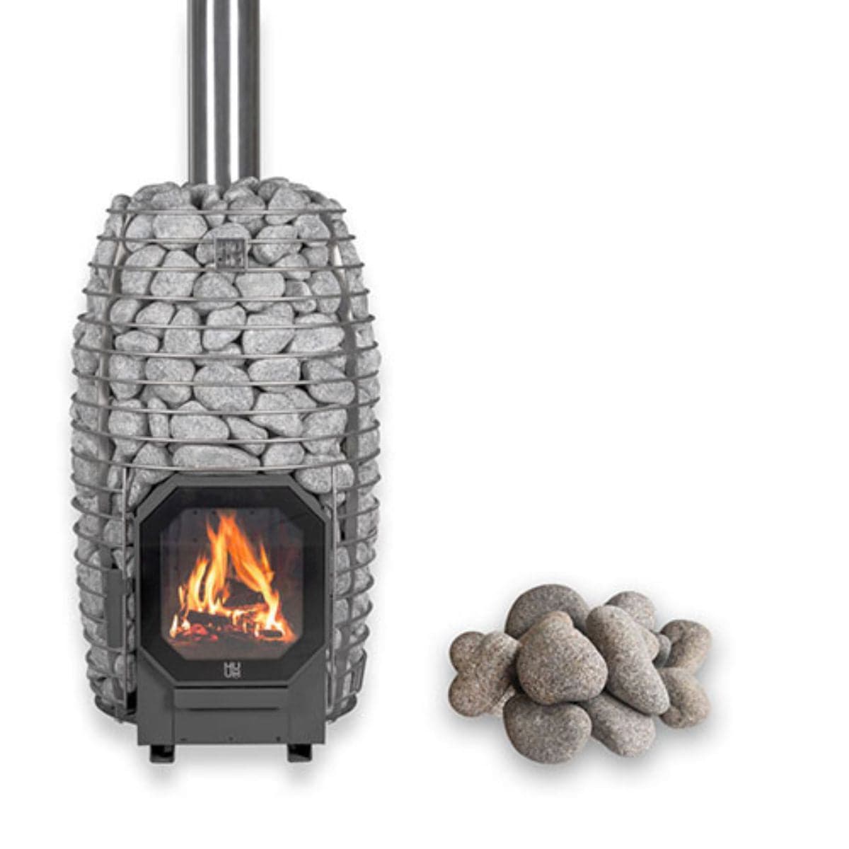 Decorative stone-encased fireplace with burning fire and stones on a white background